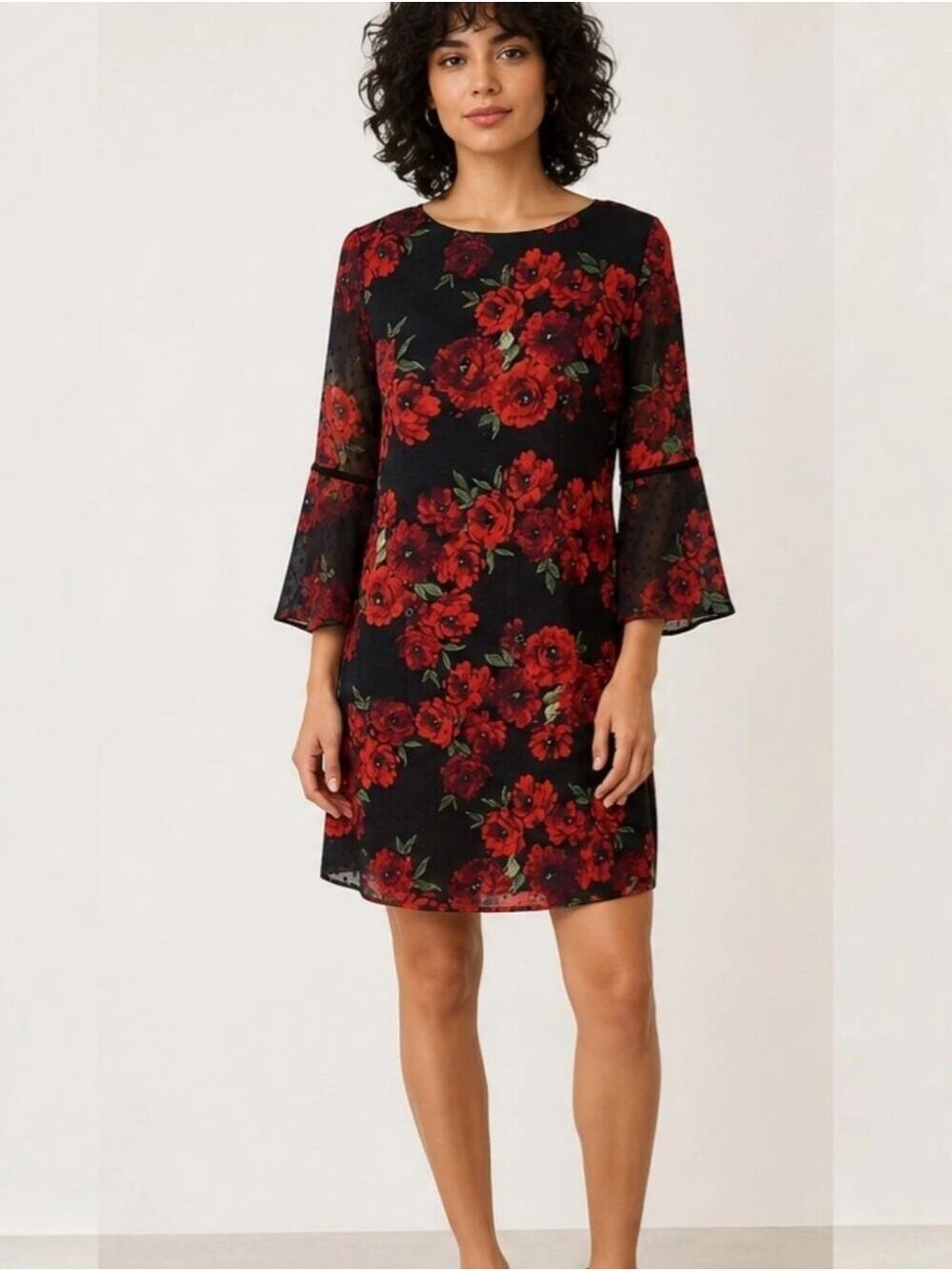Jessica Howard Black Red Rose Floral Swiss Dot Dress 8 Petite